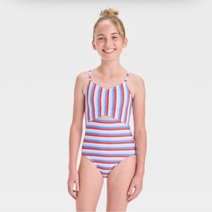 Cat & Jack Girls Malibu Blue and Red Striped Swim One Piece Size XL/14